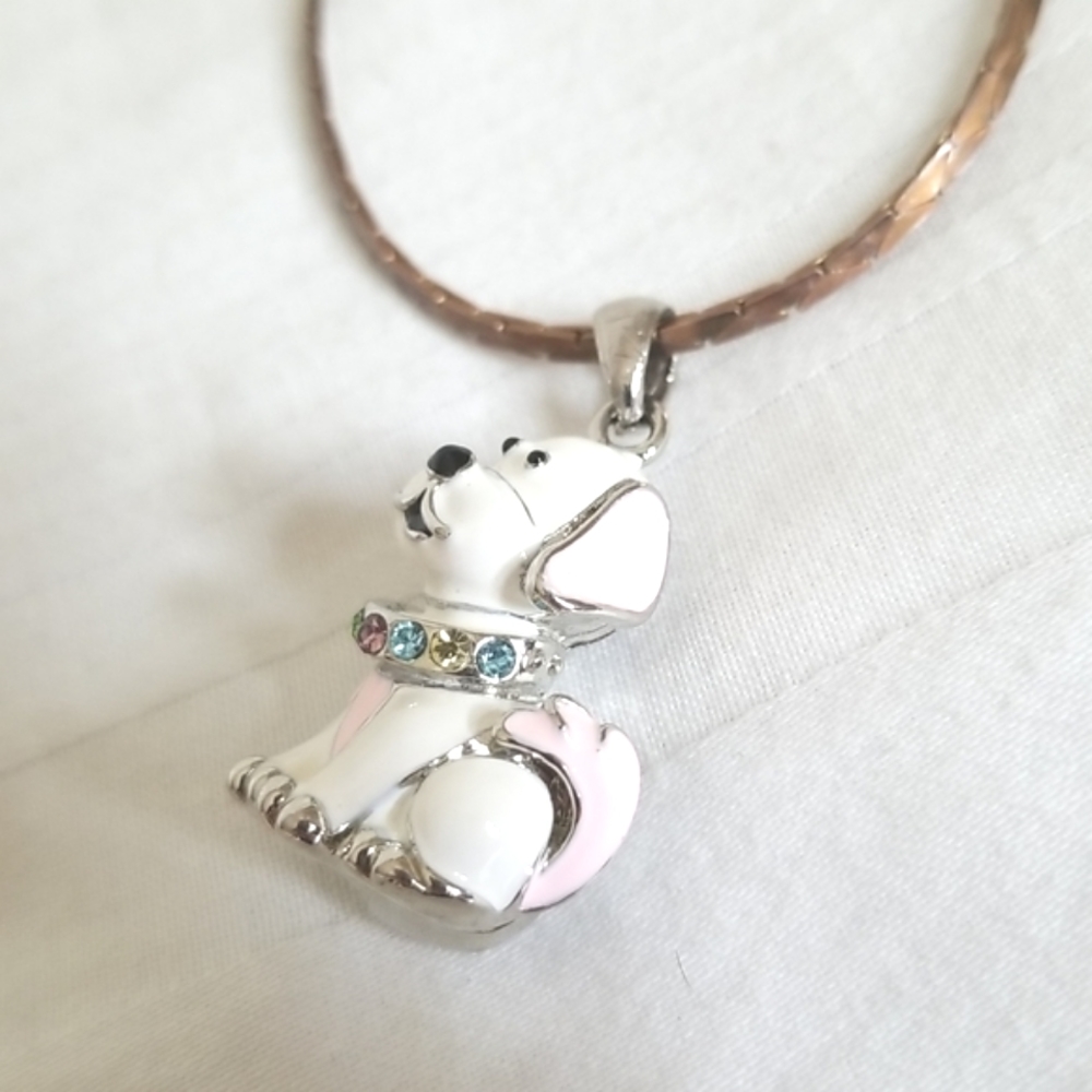 Vintage Dog Necklace Silver White Pink Rhinestone - Picture 2 of 5